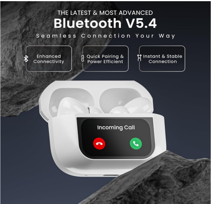 Screen TWS, ANC (32Db), Smart Touch Display True Wireless Buds, Type-C Fast Charging, Bv5.4, Find My in Ear Earbuds, 4 Mics Enc for Clear Calling, Transparency Mode, Eq Mode (White)